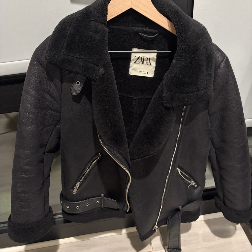 Zara Women's Black Leather Shearling Jacket